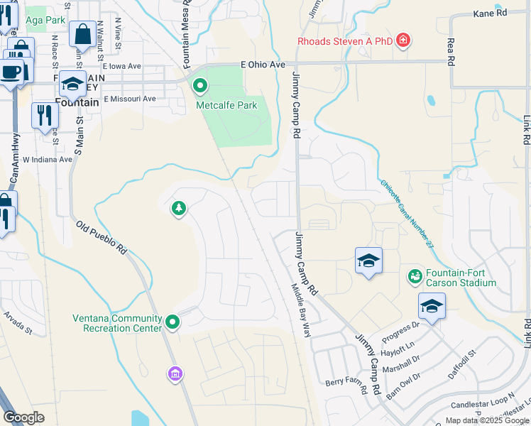 map of restaurants, bars, coffee shops, grocery stores, and more near 7353 Little Jimmy Grove in Fountain