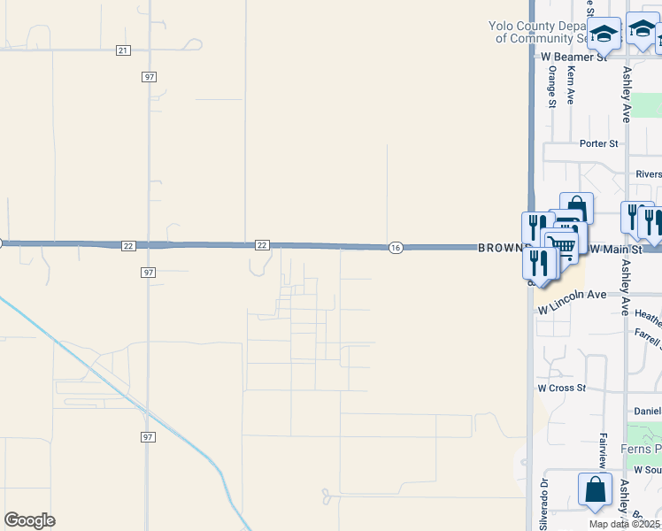 map of restaurants, bars, coffee shops, grocery stores, and more near 37437 California 16 in Woodland