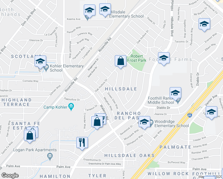 map of restaurants, bars, coffee shops, grocery stores, and more near 6031 Brett Drive in Sacramento