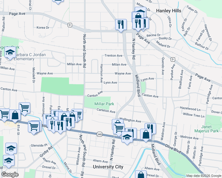 map of restaurants, bars, coffee shops, grocery stores, and more near 7514 Lynn Avenue in University City