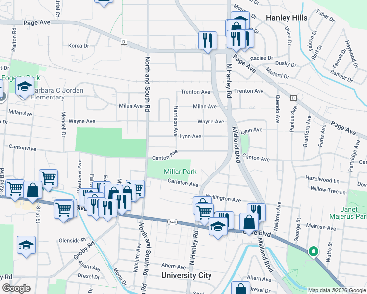 map of restaurants, bars, coffee shops, grocery stores, and more near 7542 Lynn Avenue in University City