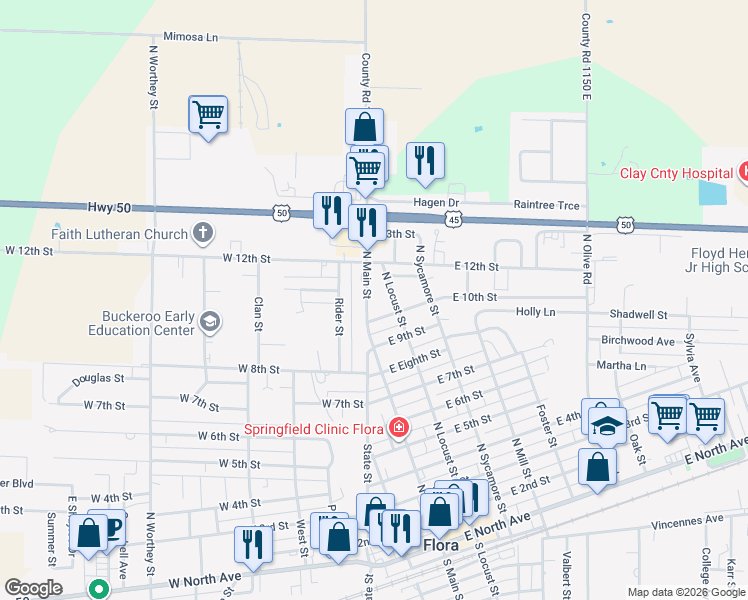map of restaurants, bars, coffee shops, grocery stores, and more near 1033 North State Road in Flora