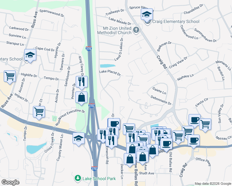 map of restaurants, bars, coffee shops, grocery stores, and more near 1028 Wappapello Lane in St. Louis