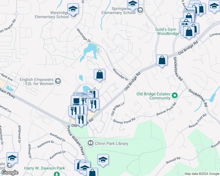 map of restaurants, bars, coffee shops, grocery stores, and more near 12755 Bombay Way in Woodbridge