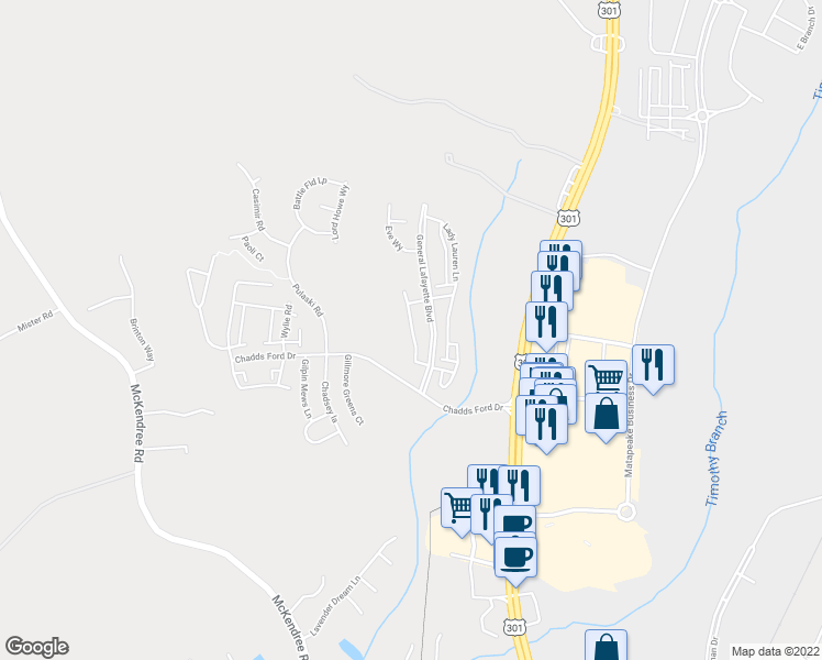 map of restaurants, bars, coffee shops, grocery stores, and more near 15430 Chaddsford Lake Drive in Brandywine