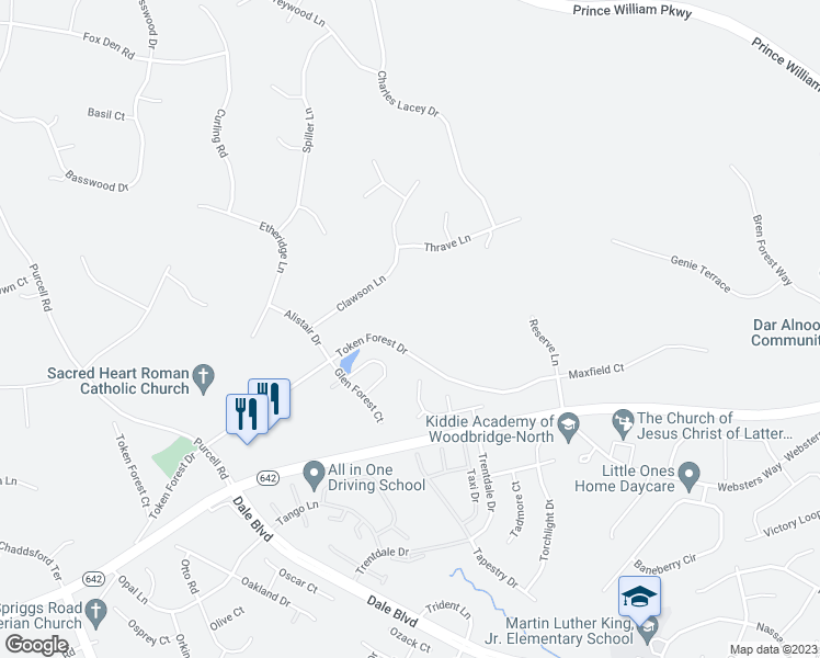 map of restaurants, bars, coffee shops, grocery stores, and more near 6100 Token Forest Drive in Manassas