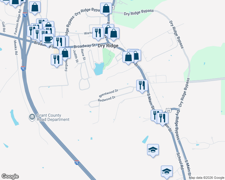 map of restaurants, bars, coffee shops, grocery stores, and more near 229 Brentwood Drive in Dry Ridge
