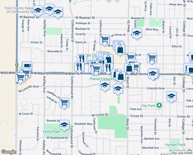 map of restaurants, bars, coffee shops, grocery stores, and more near 115 West Main Street in Woodland