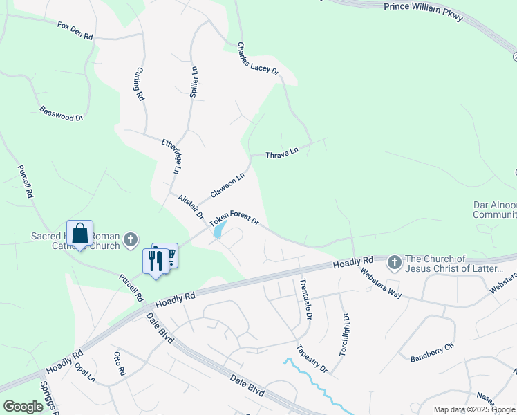 map of restaurants, bars, coffee shops, grocery stores, and more near 6100 Token Forest Drive in Manassas