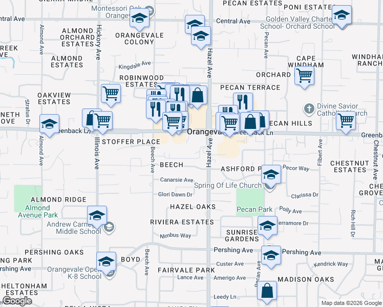 map of restaurants, bars, coffee shops, grocery stores, and more near 8864 Greenback Lane in Orangevale