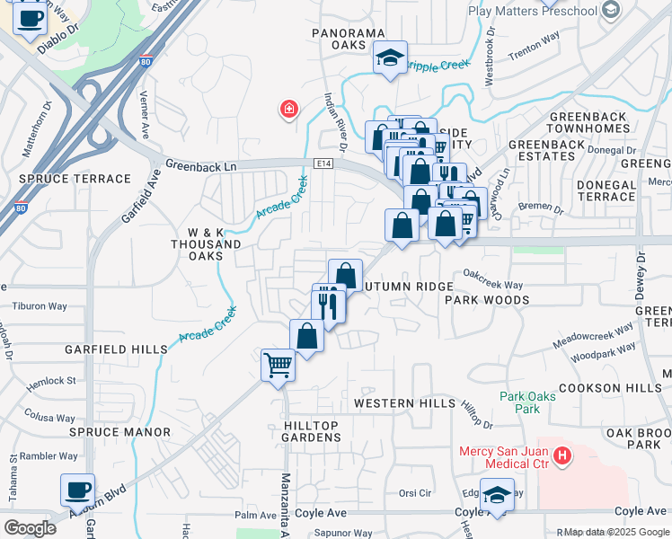 map of restaurants, bars, coffee shops, grocery stores, and more near 6023 Auburn Boulevard in Citrus Heights