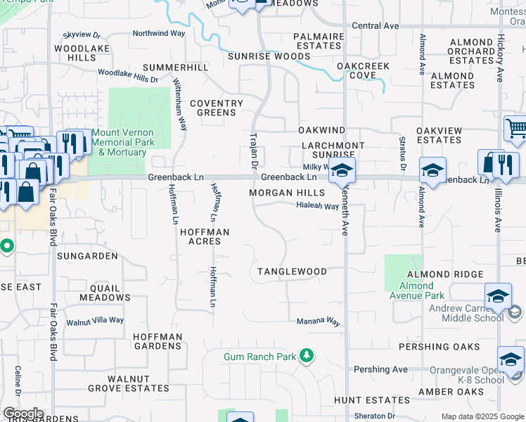 map of restaurants, bars, coffee shops, grocery stores, and more near 8401 Hialeah Court in Fair Oaks