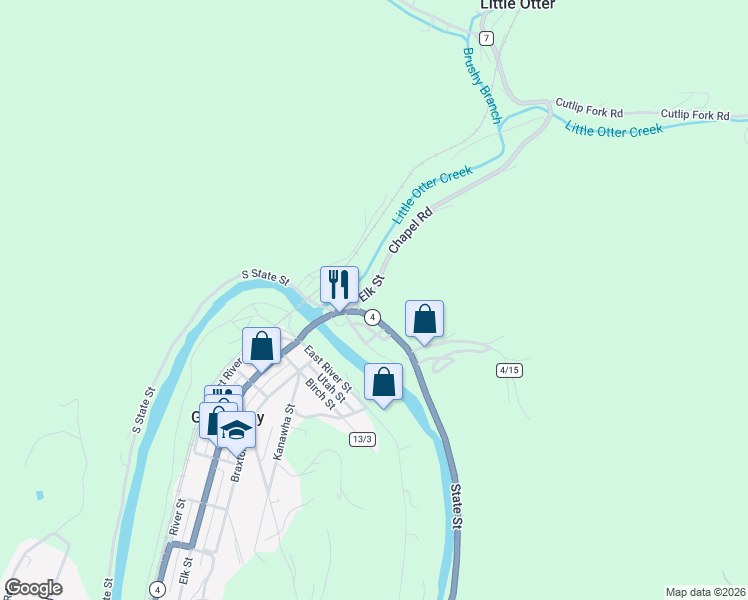 map of restaurants, bars, coffee shops, grocery stores, and more near 151 North Elk Street in Gassaway