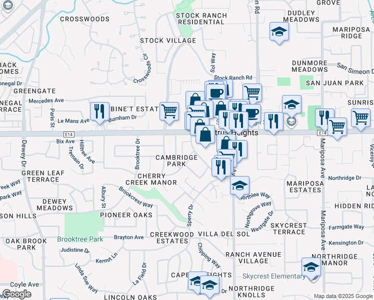 map of restaurants, bars, coffee shops, grocery stores, and more near 6101 Shupe Drive in Citrus Heights