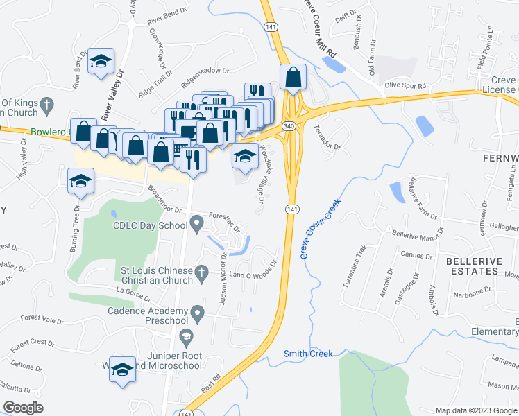 map of restaurants, bars, coffee shops, grocery stores, and more near 13300 Wood Chapel Drive in St. Louis