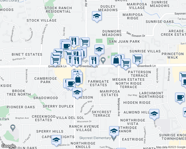 map of restaurants, bars, coffee shops, grocery stores, and more near 7532 Greenback Lane in Citrus Heights