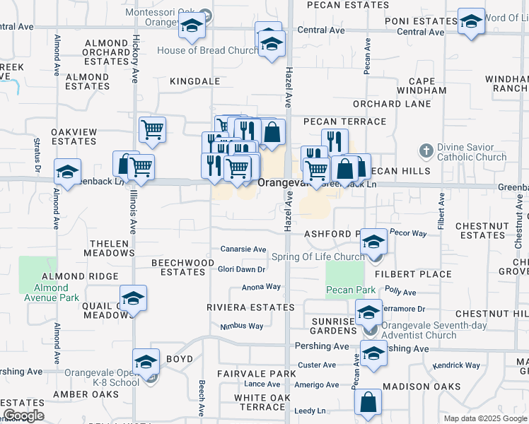 map of restaurants, bars, coffee shops, grocery stores, and more near 8864 Greenback Lane in Orangevale