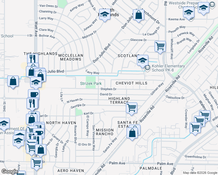 map of restaurants, bars, coffee shops, grocery stores, and more near 6108 Sunday Drive in North Highlands
