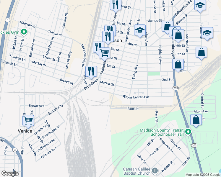 map of restaurants, bars, coffee shops, grocery stores, and more near 1538 Market Street in Madison