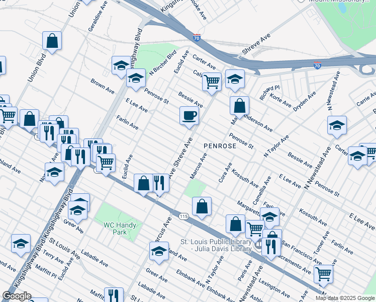 map of restaurants, bars, coffee shops, grocery stores, and more near 4052 Shreve Avenue in St. Louis