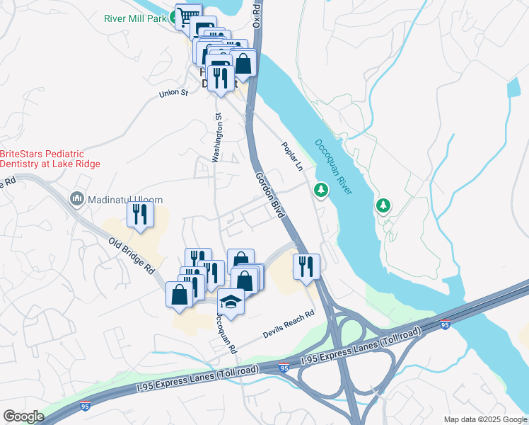 map of restaurants, bars, coffee shops, grocery stores, and more near 12708 Harborview Court in Woodbridge