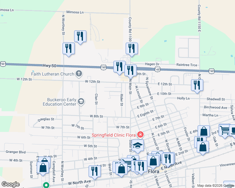 map of restaurants, bars, coffee shops, grocery stores, and more near 310 Hickory Street in Flora
