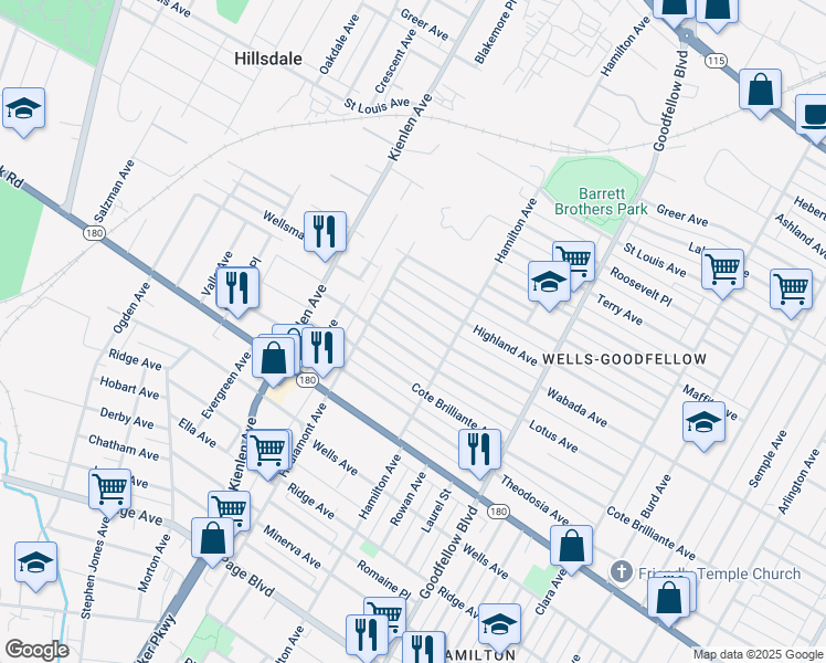 map of restaurants, bars, coffee shops, grocery stores, and more near 5949 Wabada Avenue in St. Louis