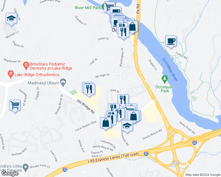 map of restaurants, bars, coffee shops, grocery stores, and more near 12656 Dara Drive in Woodbridge