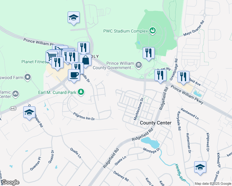 map of restaurants, bars, coffee shops, grocery stores, and more near 4925 Chaste Tree Place in Woodbridge