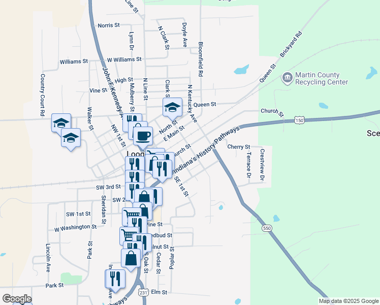 map of restaurants, bars, coffee shops, grocery stores, and more near 400 Church Street in Loogootee