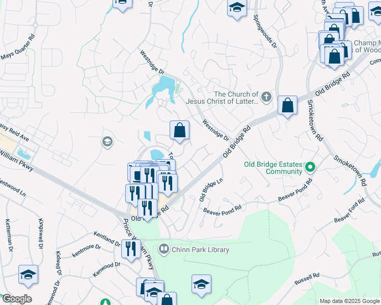 map of restaurants, bars, coffee shops, grocery stores, and more near 12758 Bombay Way in Woodbridge