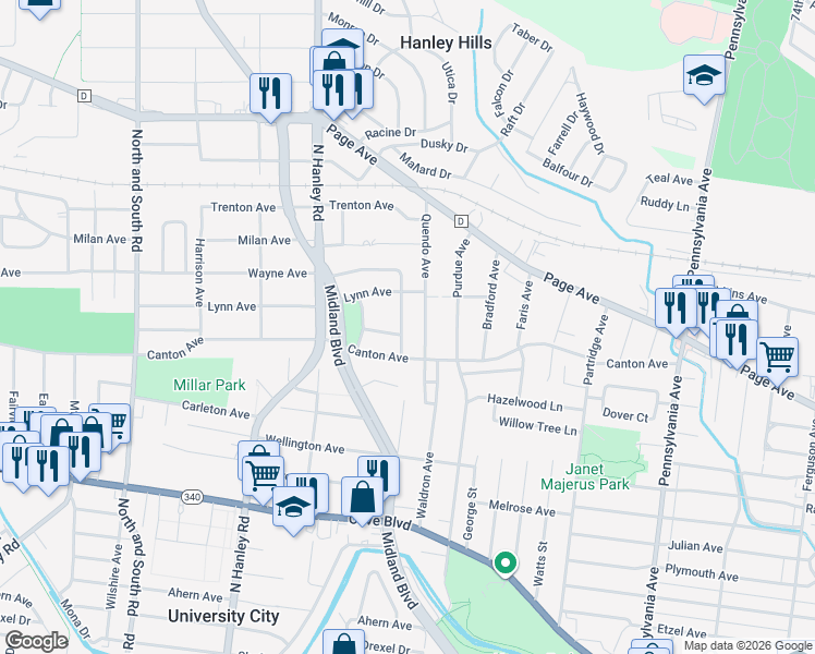 map of restaurants, bars, coffee shops, grocery stores, and more near 1532 Jackson Avenue in University City