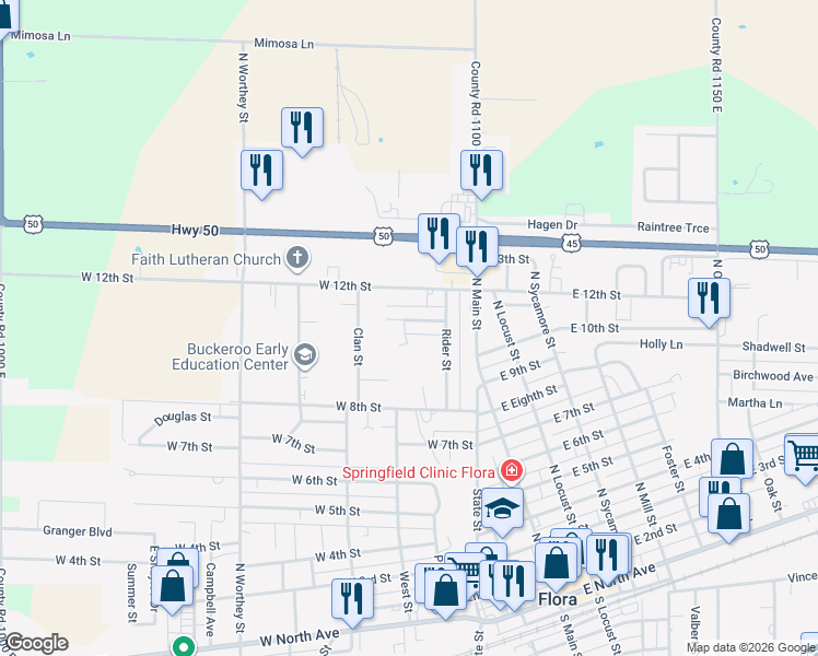 map of restaurants, bars, coffee shops, grocery stores, and more near 426-598 Hickory Street in Flora