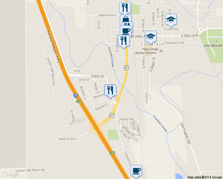 map of restaurants, bars, coffee shops, grocery stores, and more near 19 Sunnyland Loop Lane in Fountain