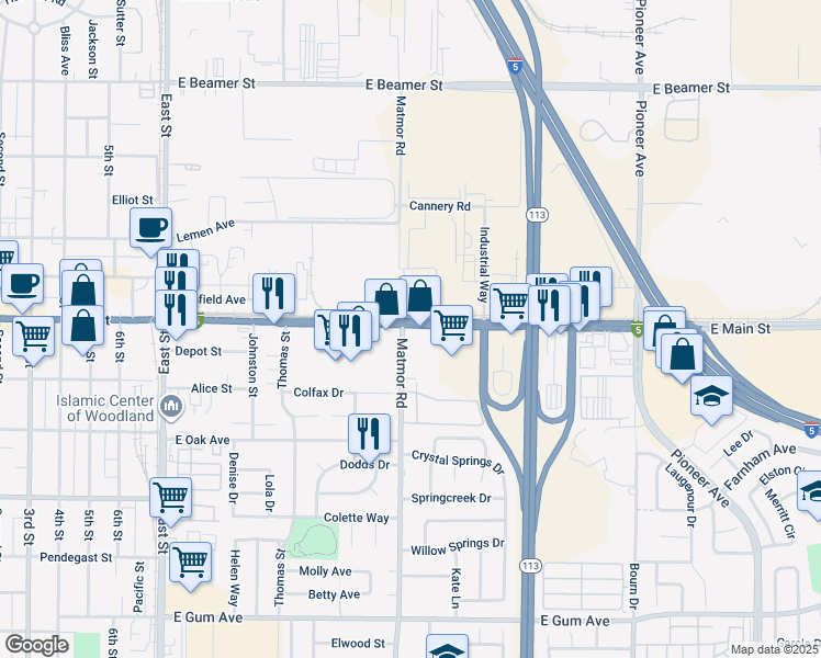 map of restaurants, bars, coffee shops, grocery stores, and more near 1385 East Main Street in Woodland