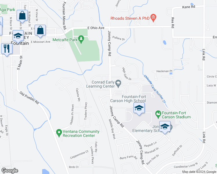 map of restaurants, bars, coffee shops, grocery stores, and more near 10571 Country Park Point in Fountain