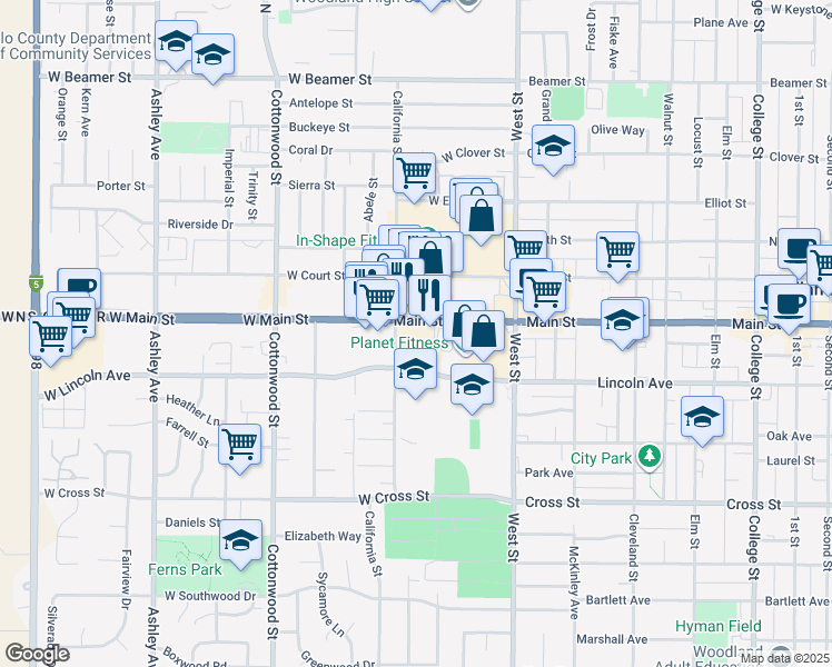 map of restaurants, bars, coffee shops, grocery stores, and more near 91 West Main Street in Woodland