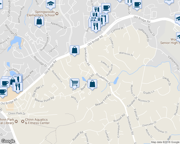 map of restaurants, bars, coffee shops, grocery stores, and more near 12697 Catawba Drive in Woodbridge
