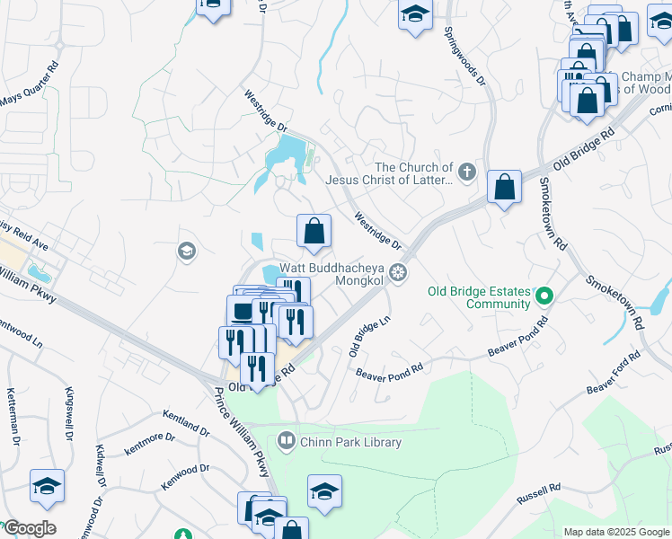 map of restaurants, bars, coffee shops, grocery stores, and more near 12754 Bombay Way in Woodbridge