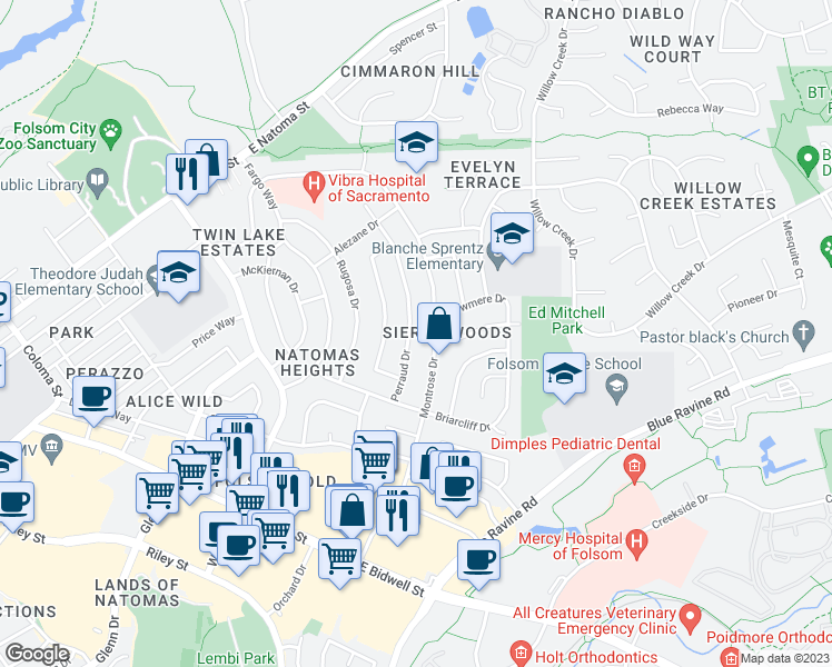 map of restaurants, bars, coffee shops, grocery stores, and more near 120 Perraud Drive in Folsom