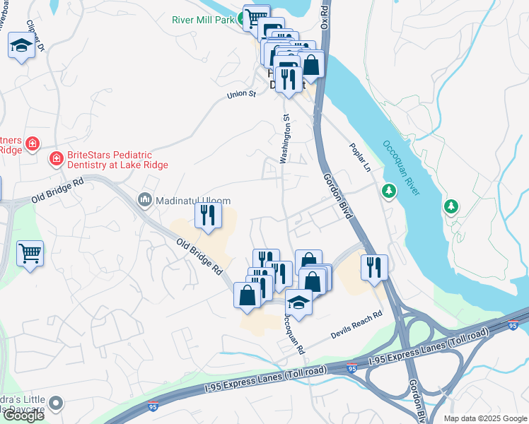 map of restaurants, bars, coffee shops, grocery stores, and more near 12654 Dara Drive in Woodbridge