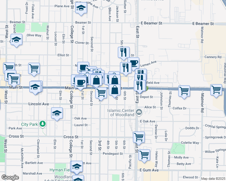 map of restaurants, bars, coffee shops, grocery stores, and more near 927 Main Street in Woodland