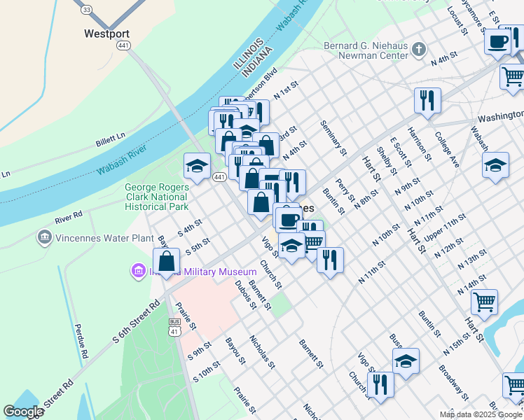 map of restaurants, bars, coffee shops, grocery stores, and more near 527 Main Street in Vincennes
