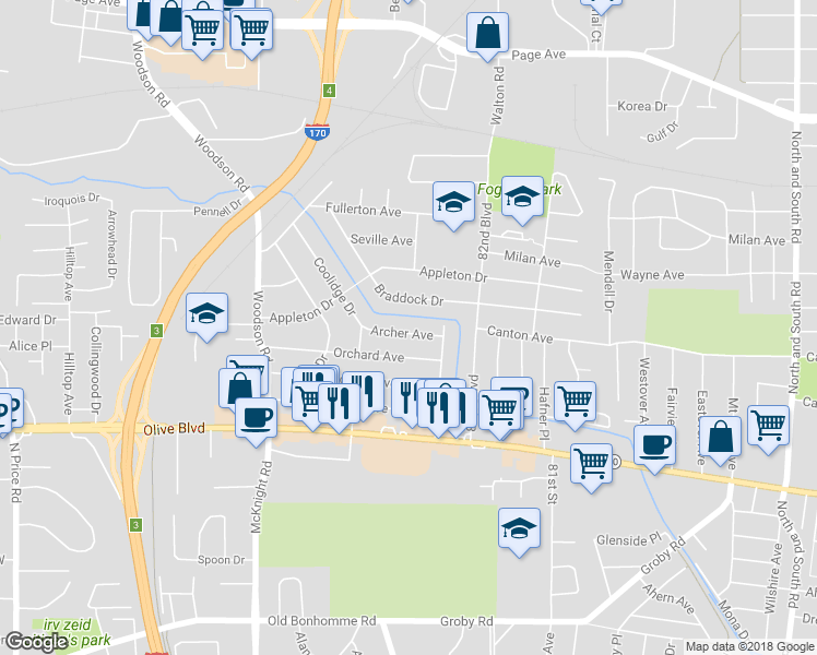 map of restaurants, bars, coffee shops, grocery stores, and more near 8333 Archer Avenue in St. Louis