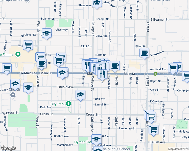 map of restaurants, bars, coffee shops, grocery stores, and more near 506 Main Street in Woodland