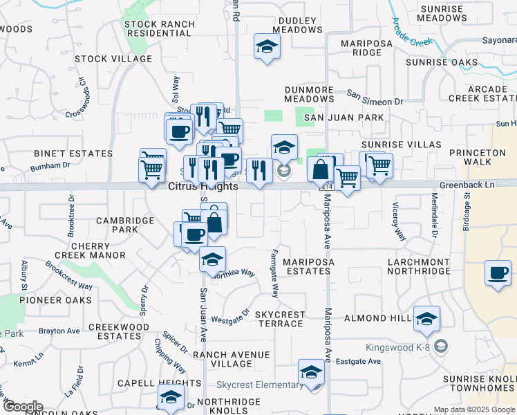 map of restaurants, bars, coffee shops, grocery stores, and more near 7532 Greenback Lane in Citrus Heights