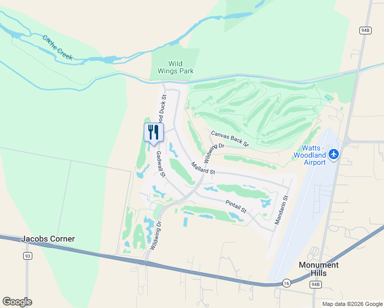 map of restaurants, bars, coffee shops, grocery stores, and more near 18201 Mallard Street in Woodland