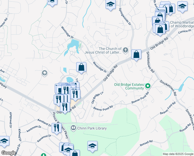 map of restaurants, bars, coffee shops, grocery stores, and more near 3988 Antwerp Court in Woodbridge
