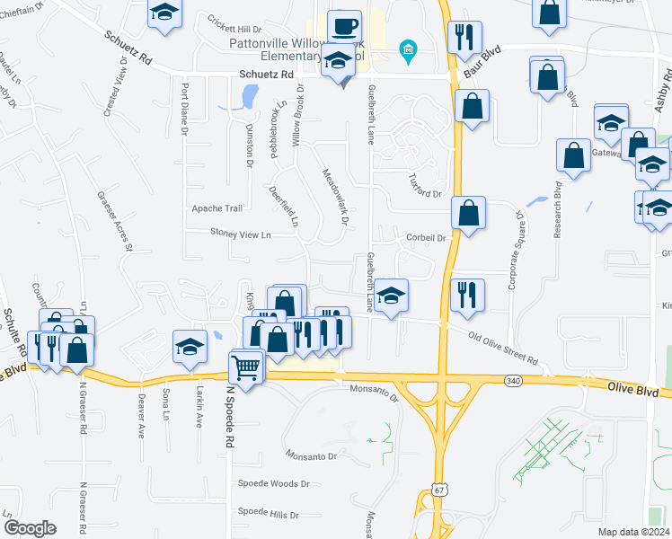 map of restaurants, bars, coffee shops, grocery stores, and more near 10423 Willowdale Drive in St. Louis