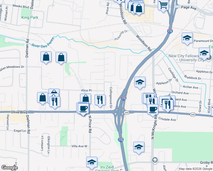 map of restaurants, bars, coffee shops, grocery stores, and more near 1190 Hilltop Avenue in Olivette